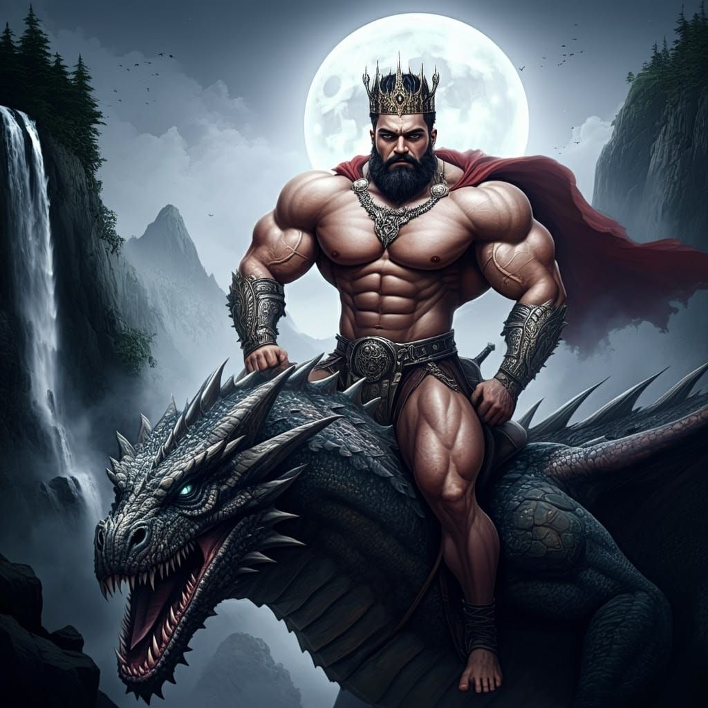 Warrior King Rides a Fierce Dragon Under the Full Moon