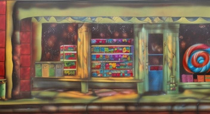 Whimsical Candy Store in Encaustic Style