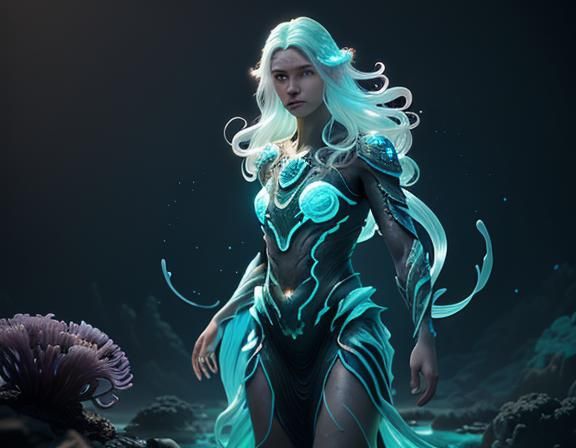 Bioluminescent Amphipioid in Submerged Ruins: 3D Render