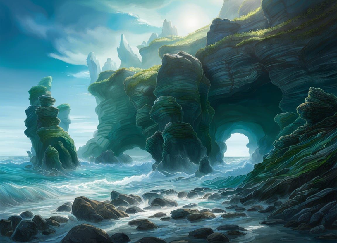 Dreamy Rocky Shoreline with Sea Cave