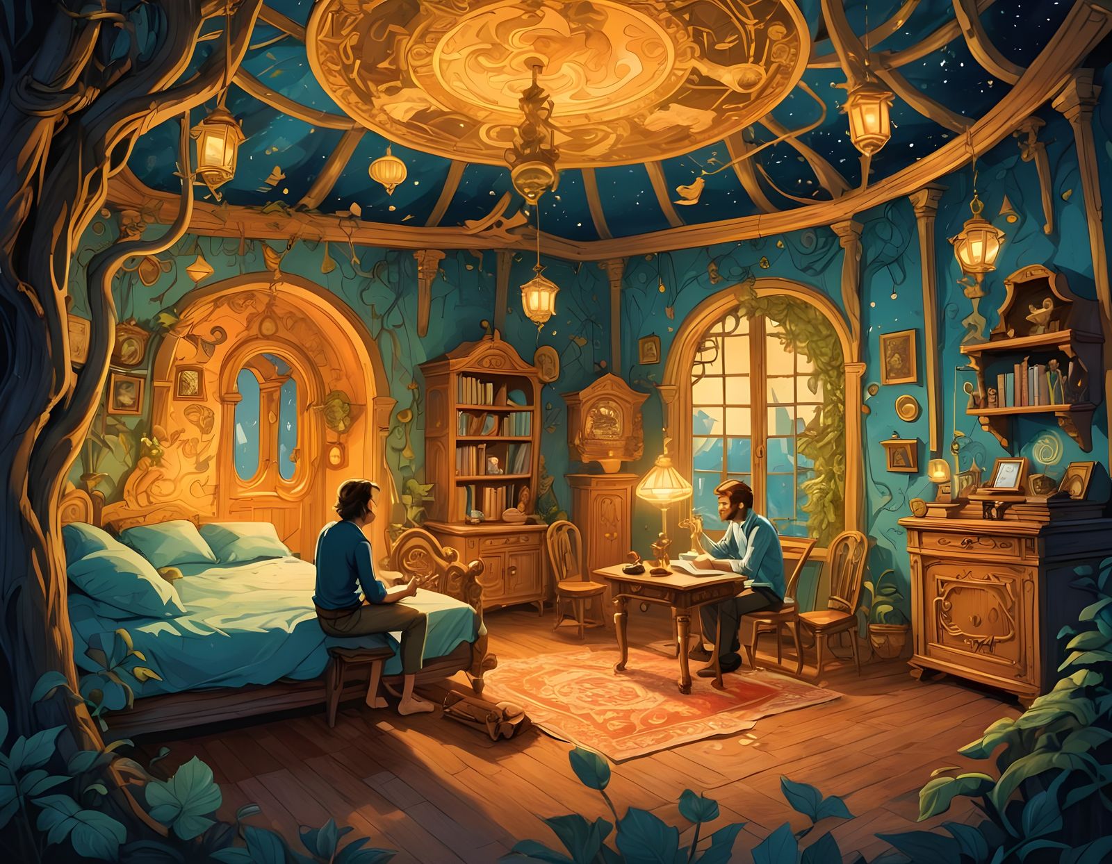 Enchanted Room Introspection: A Whimsical Couple's Moment