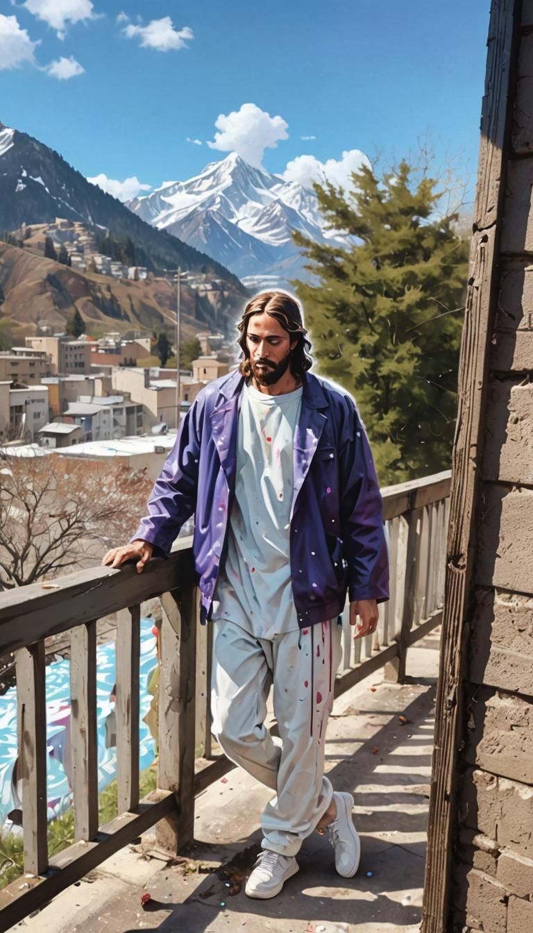 Cartoon Jesus in Colorful Graffiti Street Art