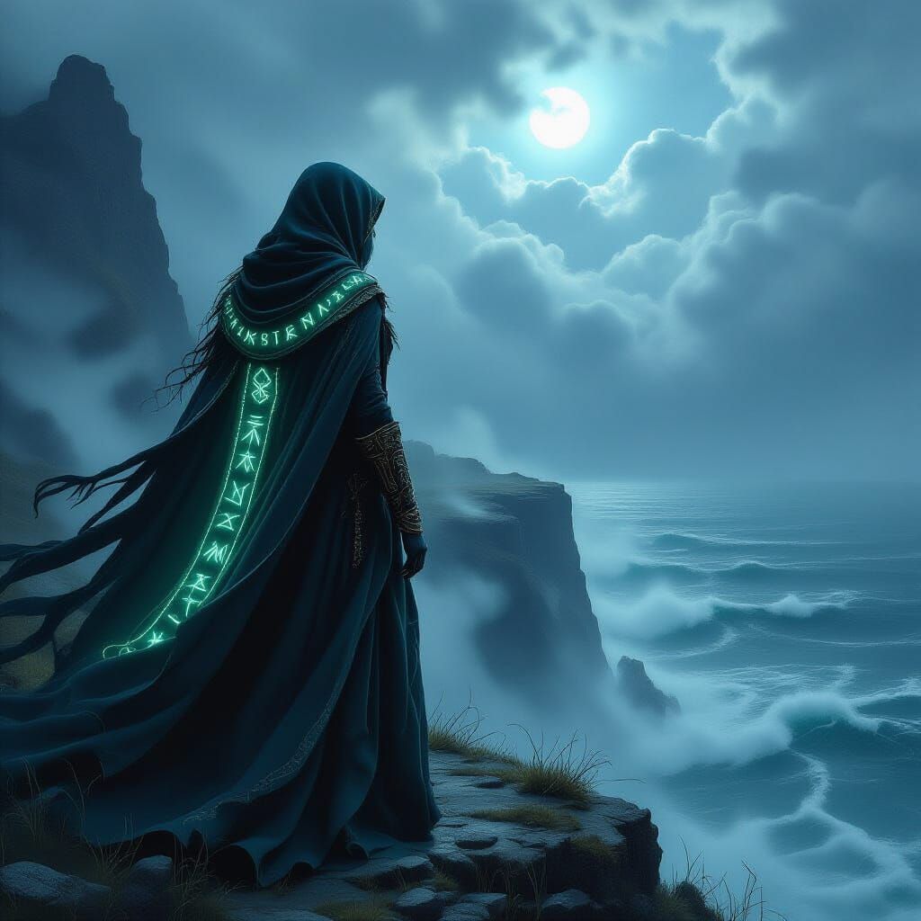 Norse Witch on Cliff Overlooking Stormy Sea in Giger BeksiΕs...