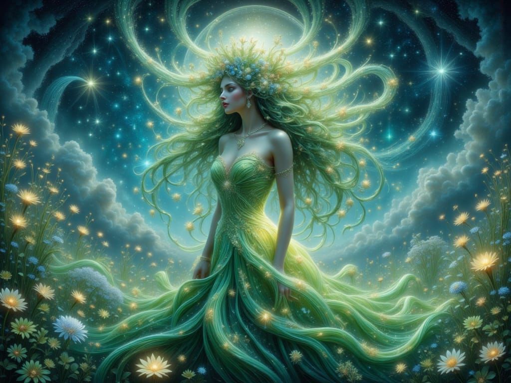 Ethereal Goddess in a Radiant Starry Realm