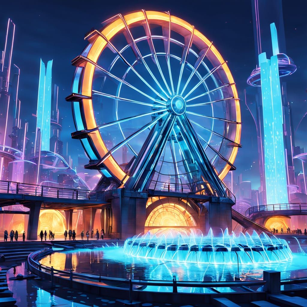 Futuristic Waterwheel in a Majestic Cityscape