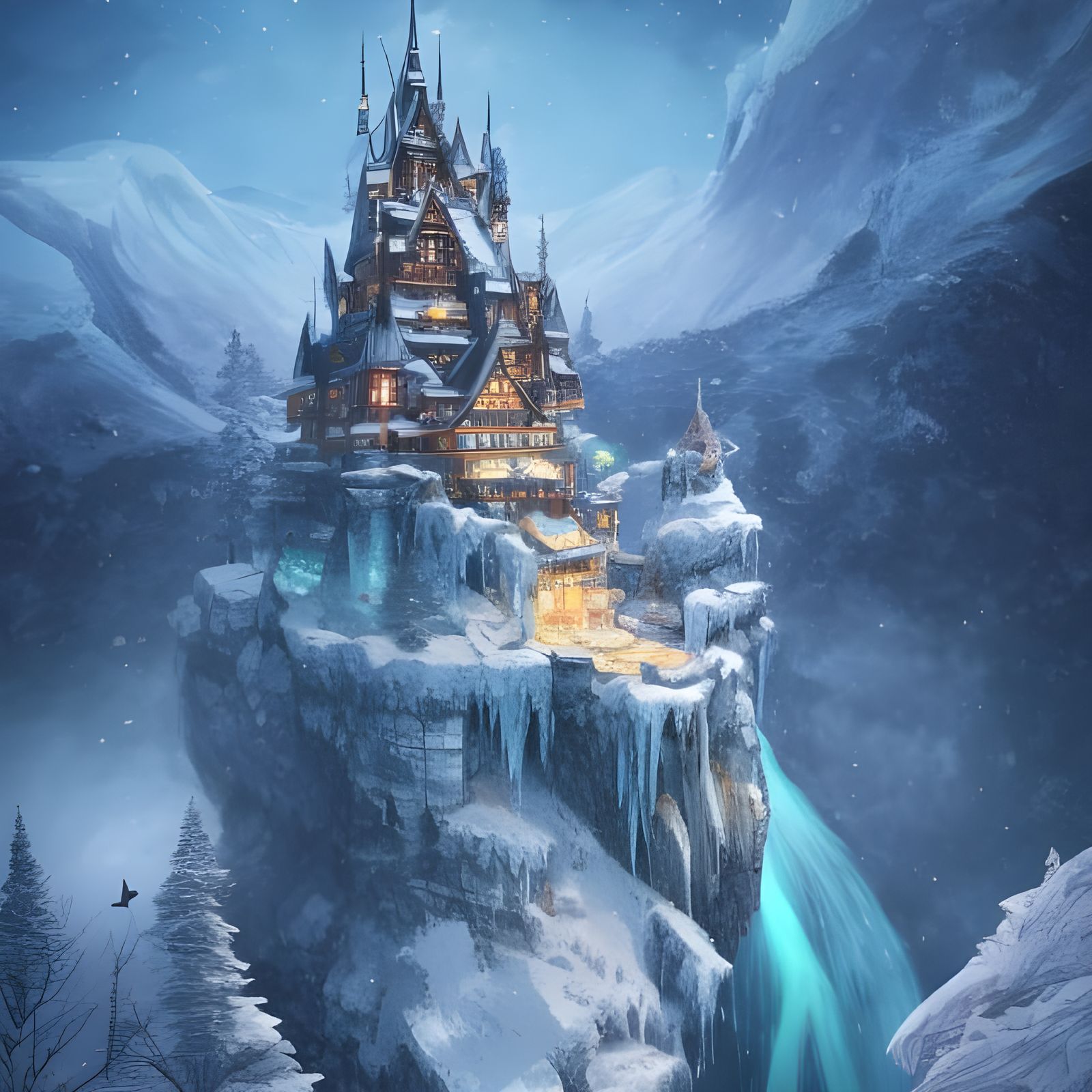 Frozen Waterfall Castle Under Northern Lights