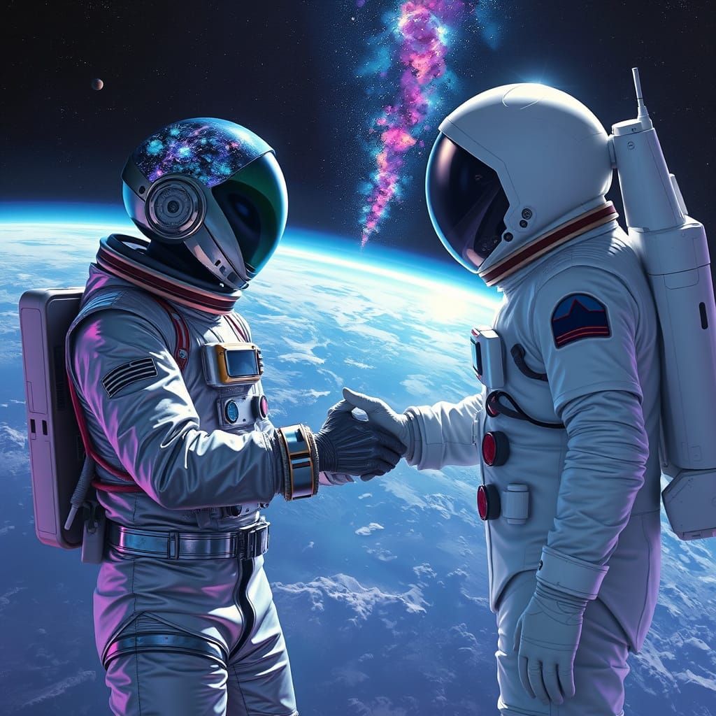 Alien and Human Astronauts Shake Hands in Space