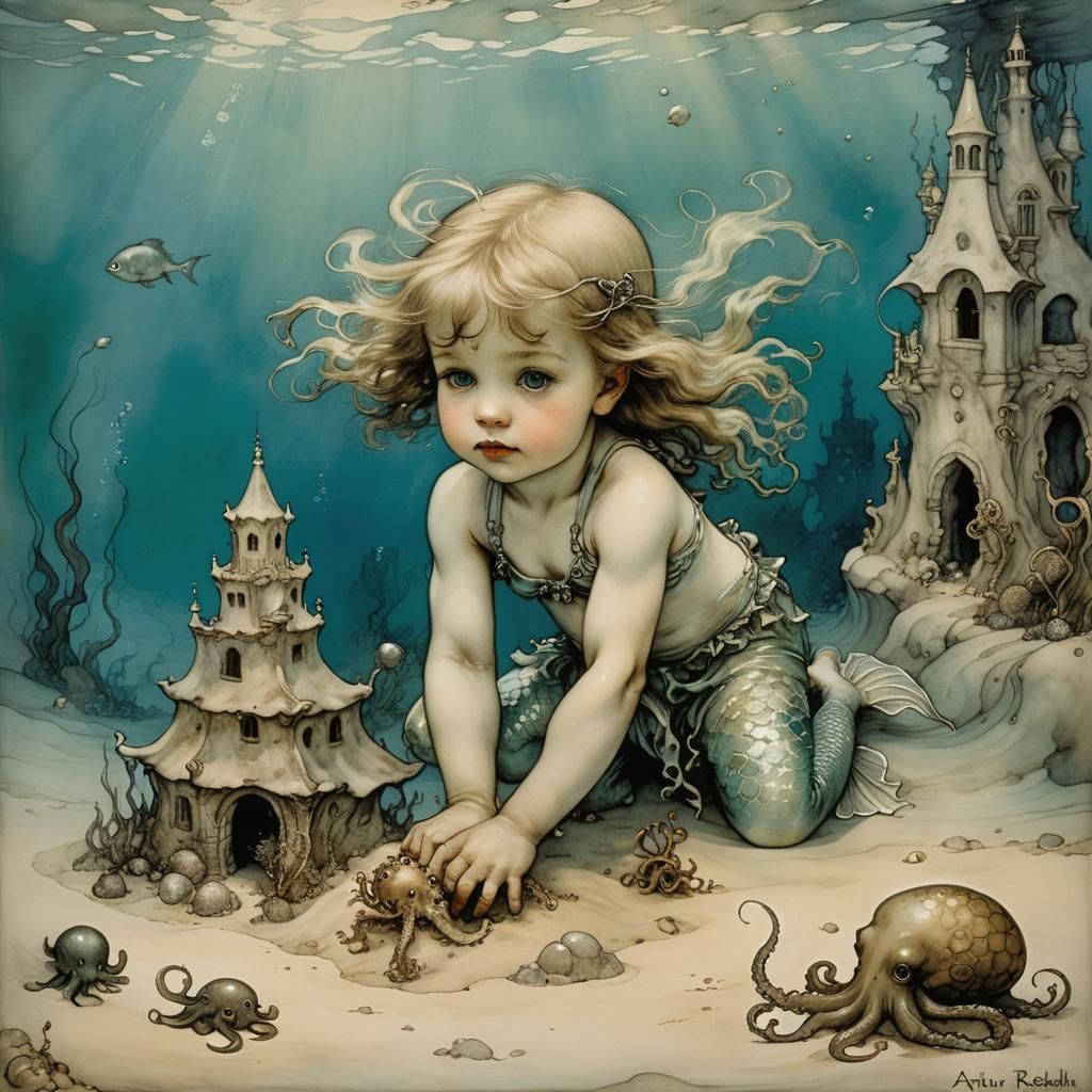 Mermaid Child Builds Sandcastle: Arthur Rackham Style