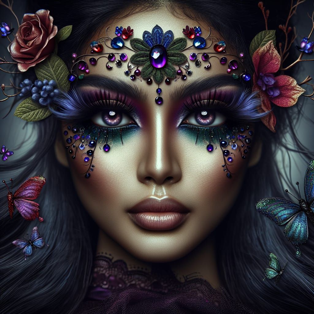 Close-Up of Woman with Fantasy Makeup and Flowers
