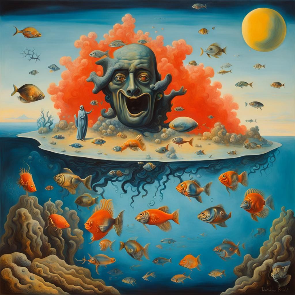 Surreal Blue Sea with Coral and Fish in Dali Style