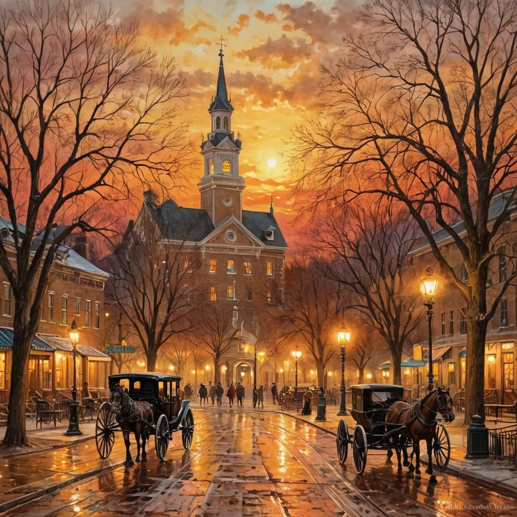 19th Century Town Square Park at Sunset