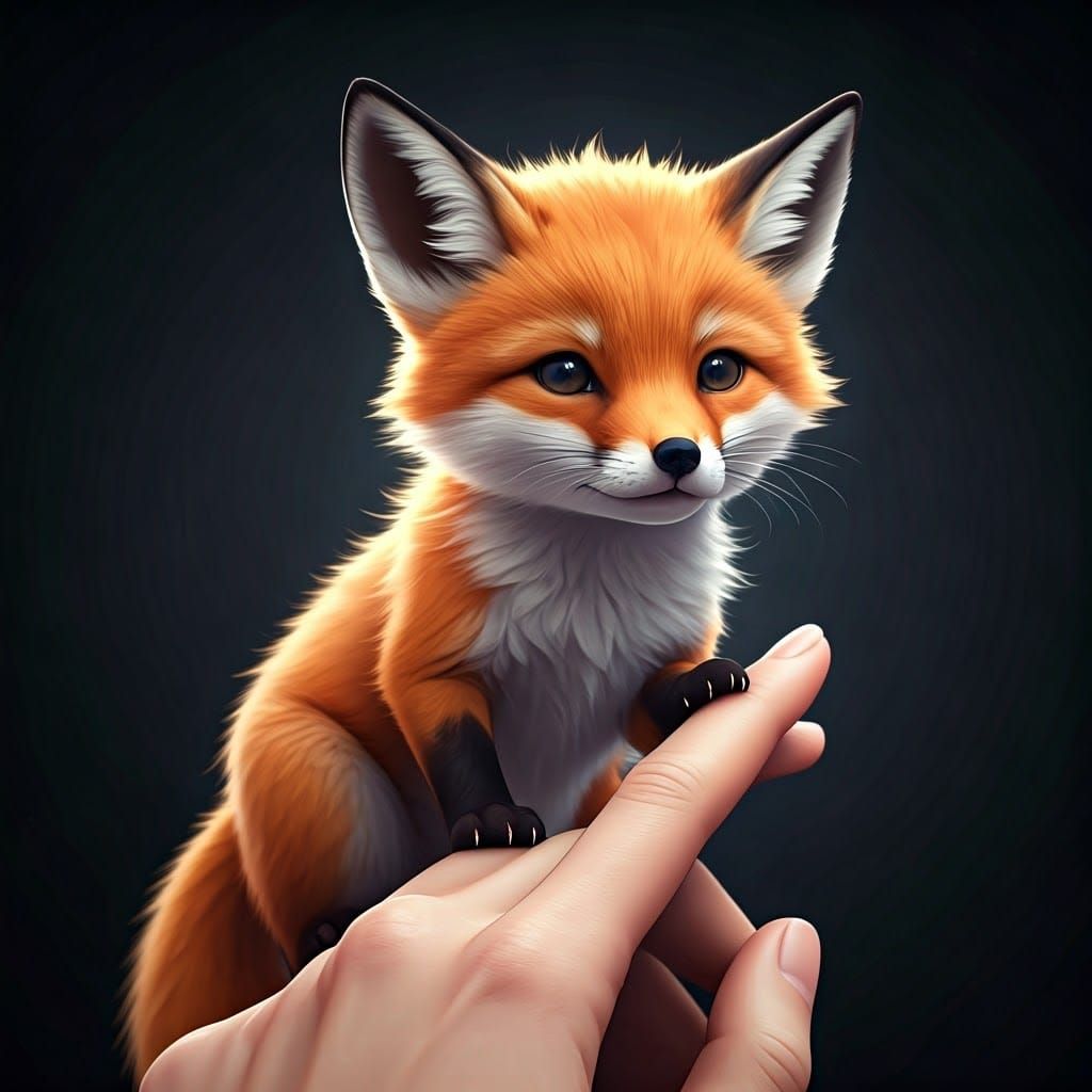 "A little baby fox on human finger"