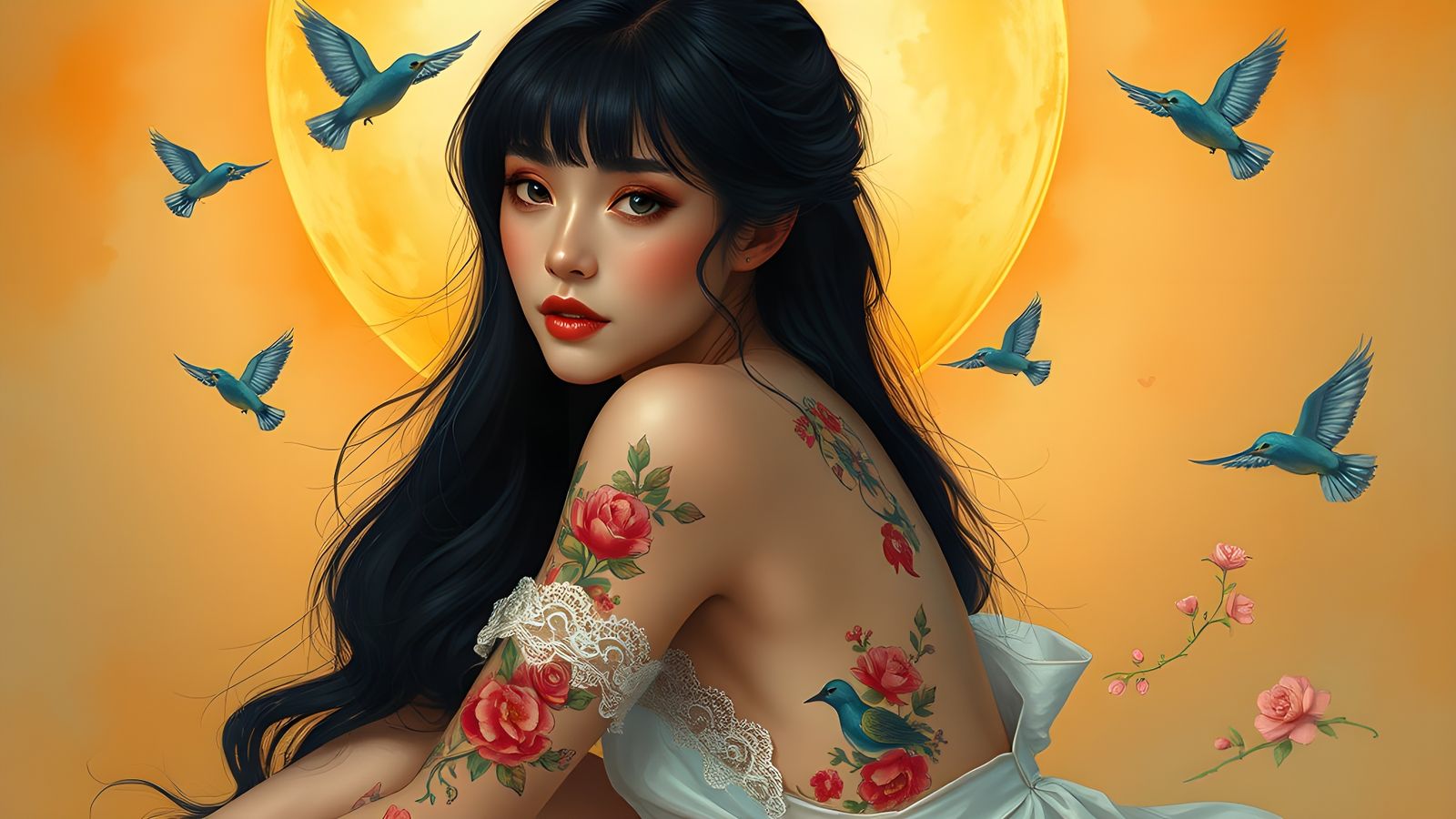 Elegant Woman with Tattoos: Expressionist Oil Painting