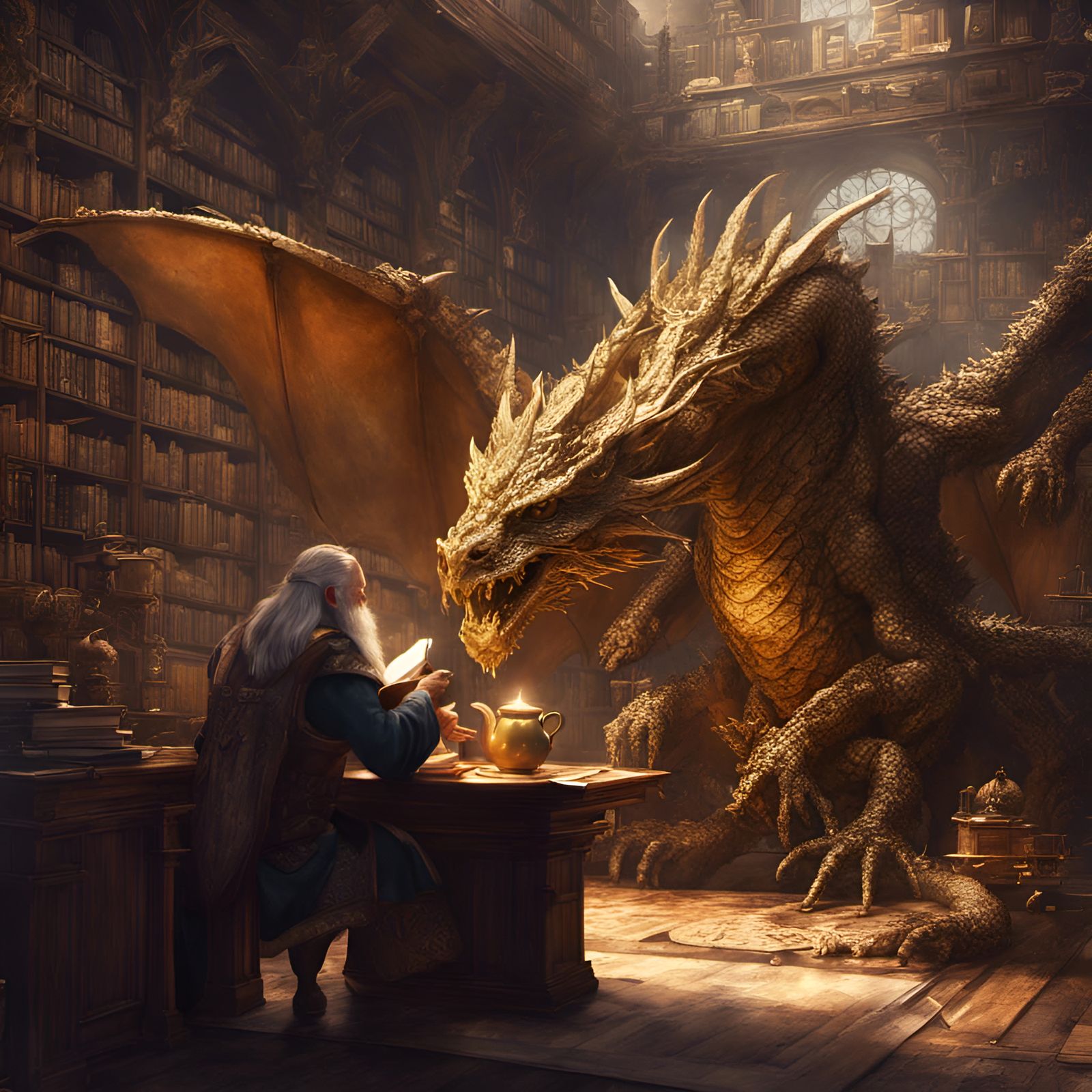 Gold Dragon and Dwarven Cleric in Library