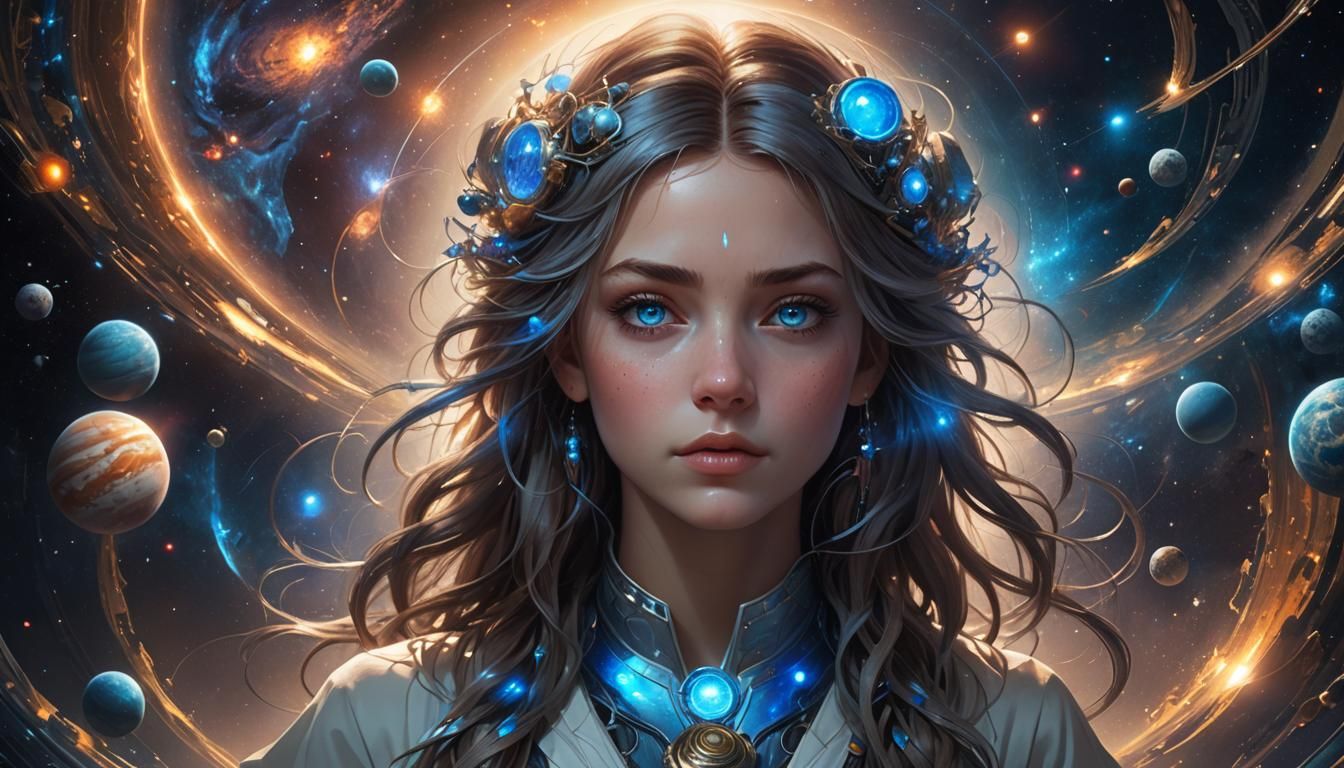 Girl Meditating in Galaxy, Hyper-Realistic Digital Art