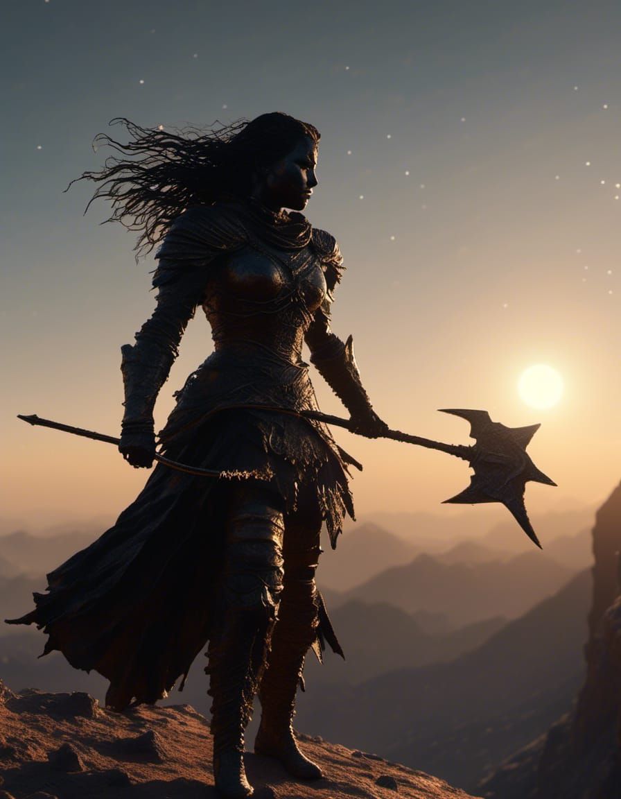 Silhouette Warrior on Arid Mountain Peak at Sunset