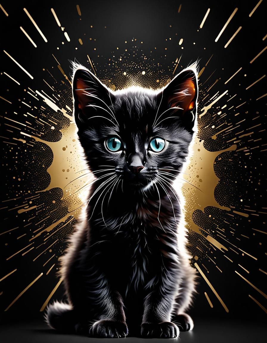 Sleek Black Kitten with Metallic Splash Background