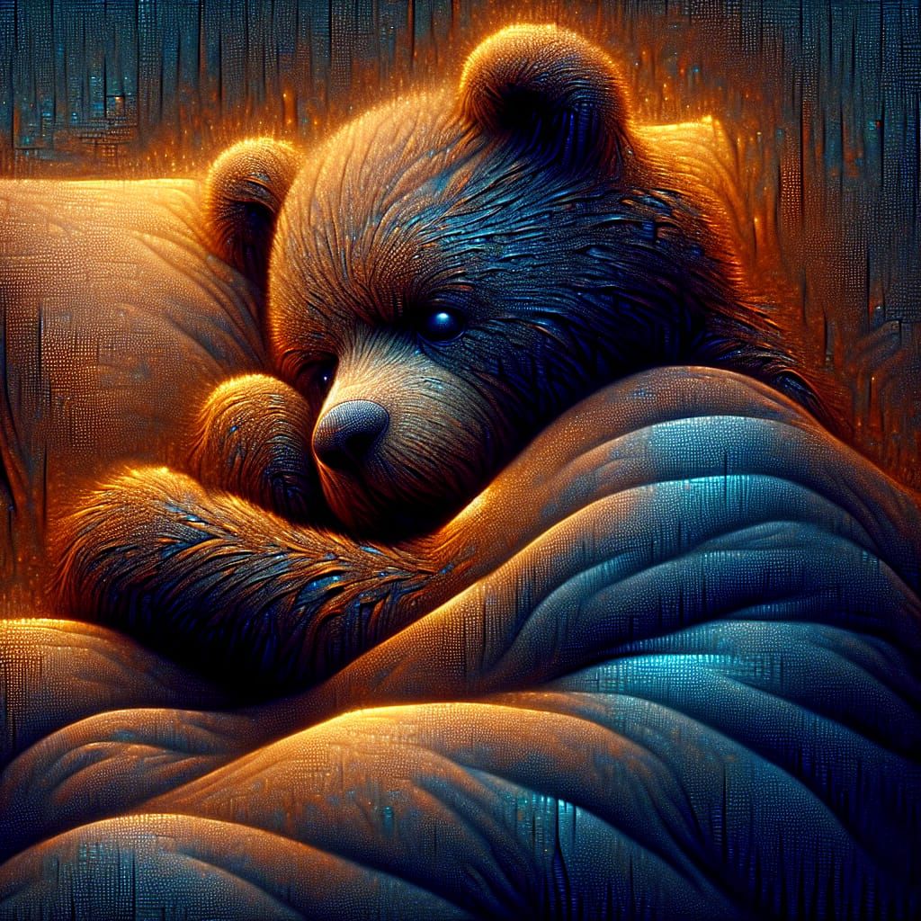 Sleepy Bear in Bed: High-Resolution 3D Fantasy Art