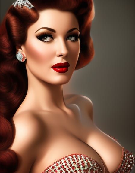 Red-Haired Pin-Up Portrait with Wavy Hair in 3D