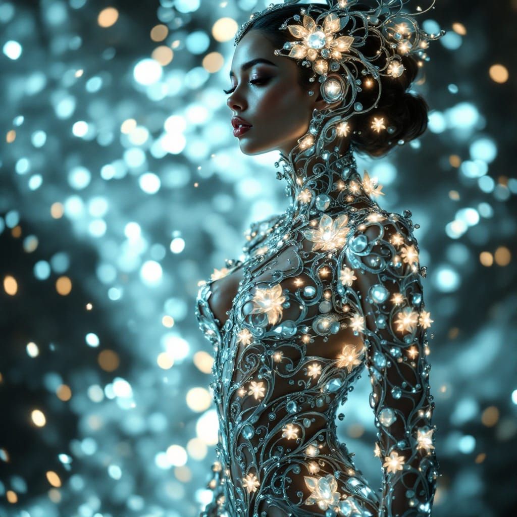 Stunning Futuristic Woman in Exquisite Ornate Ensemble