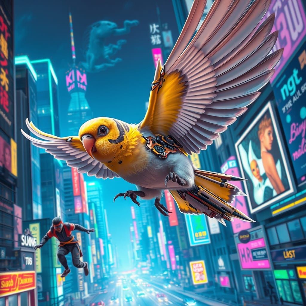 Cybernetic Budgerigar Soars Through Neon Cityscape