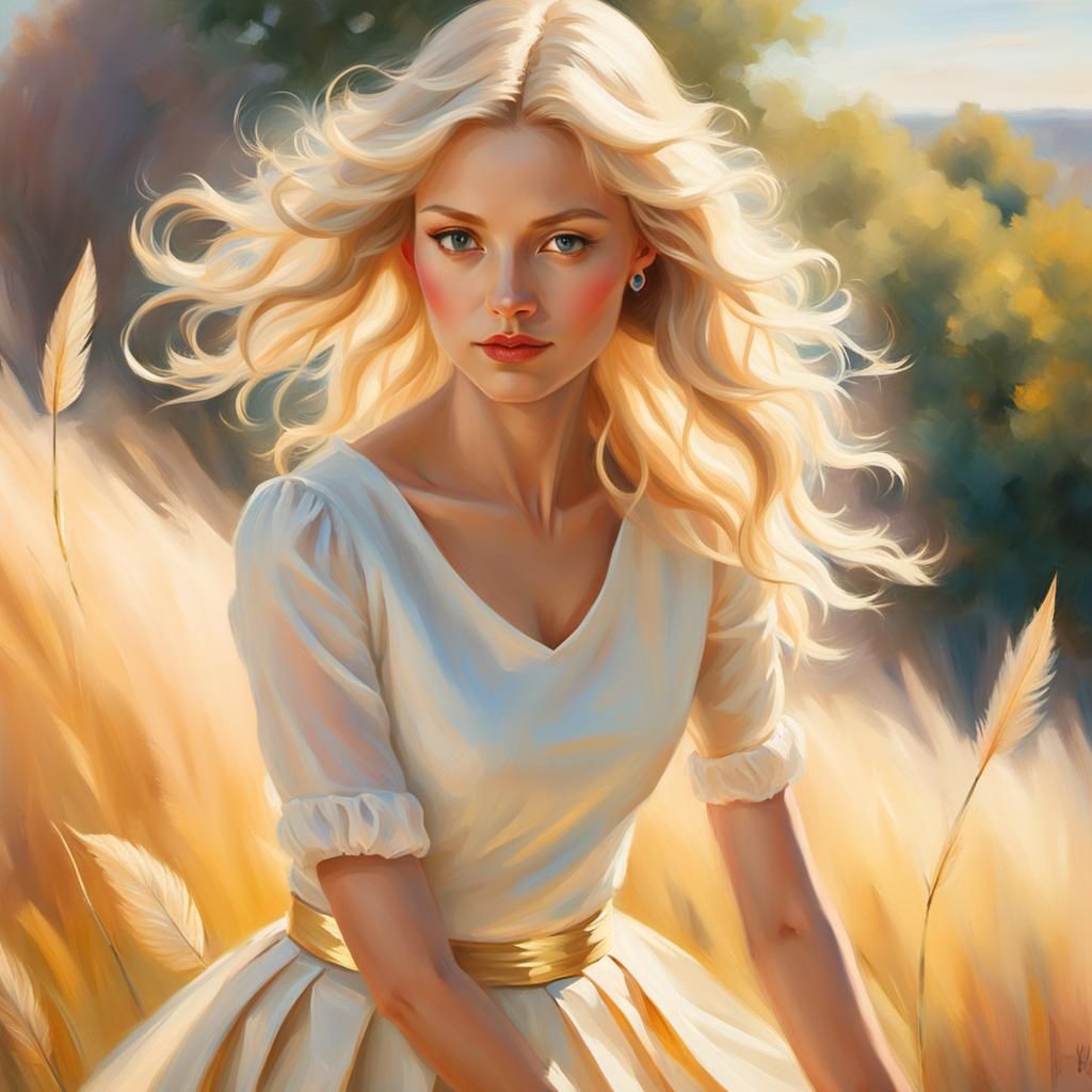 Elegant Woman Adjusting Skirt in Impressionist Portrait