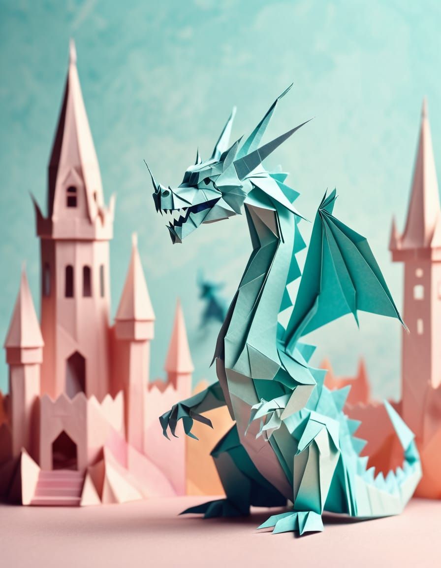 Origami Dragon Attacks Paper Castle in Papercraft Style