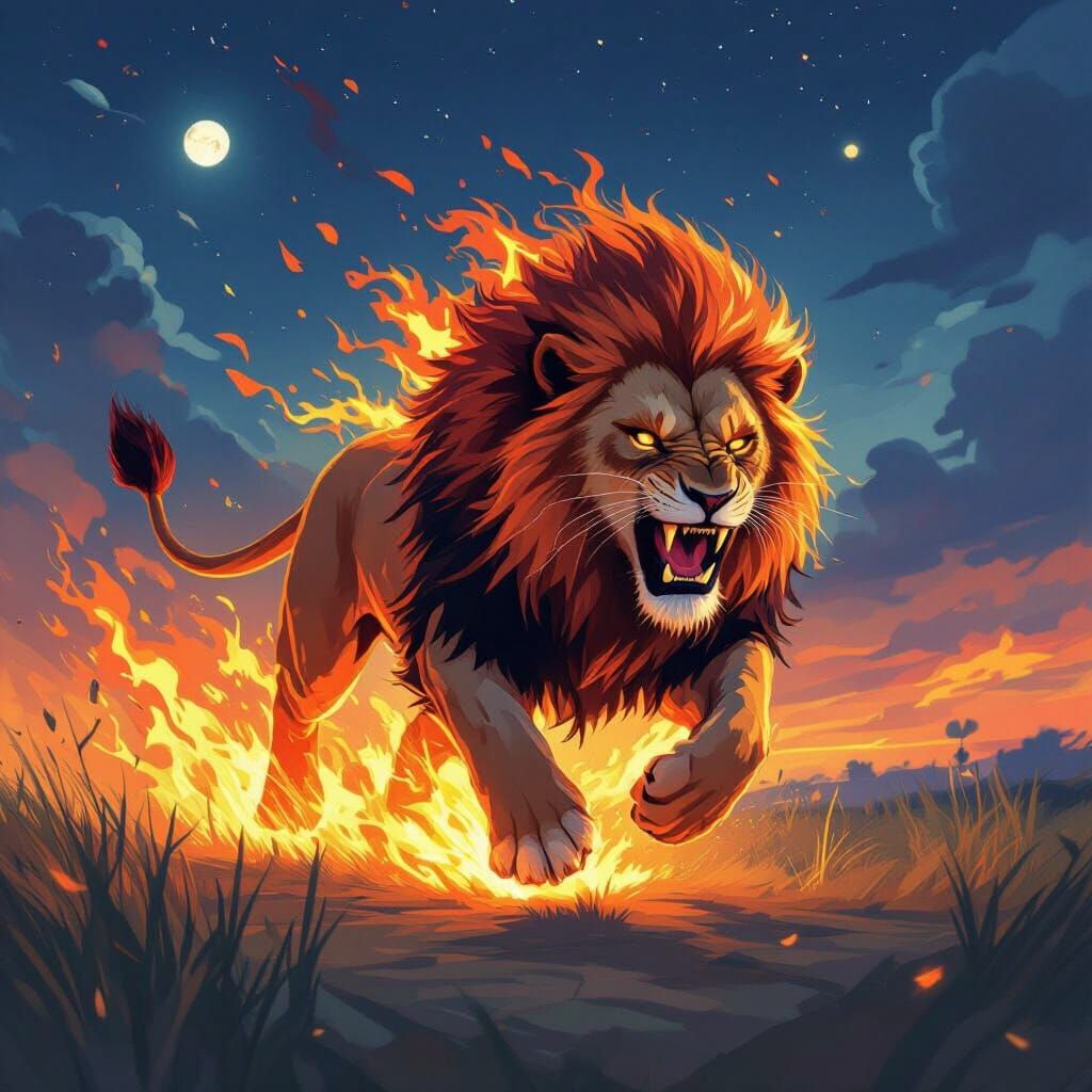 Fiery Lion Sprinting Forward Under Night Sky
