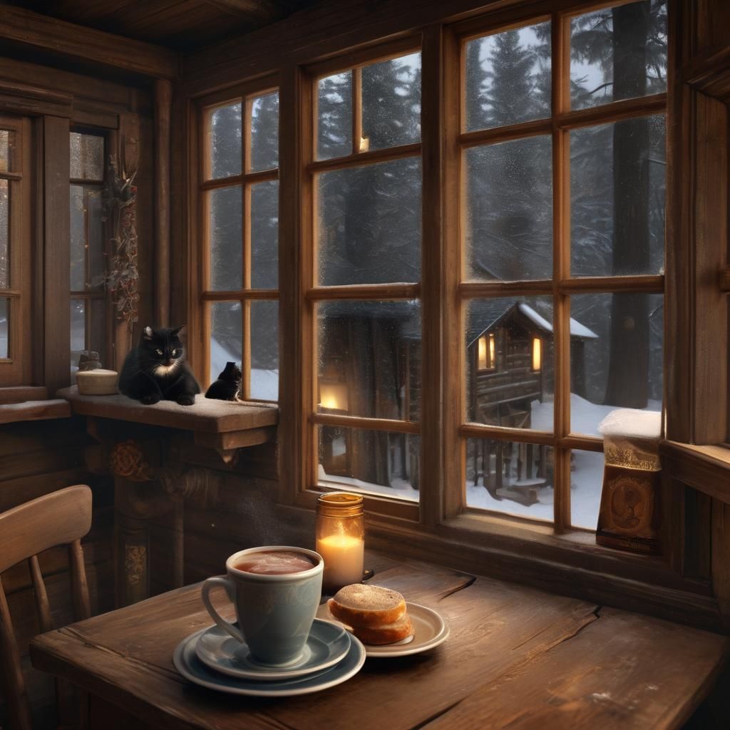 Cozy Cabin Breakfast Scene with Kitten and Puppy