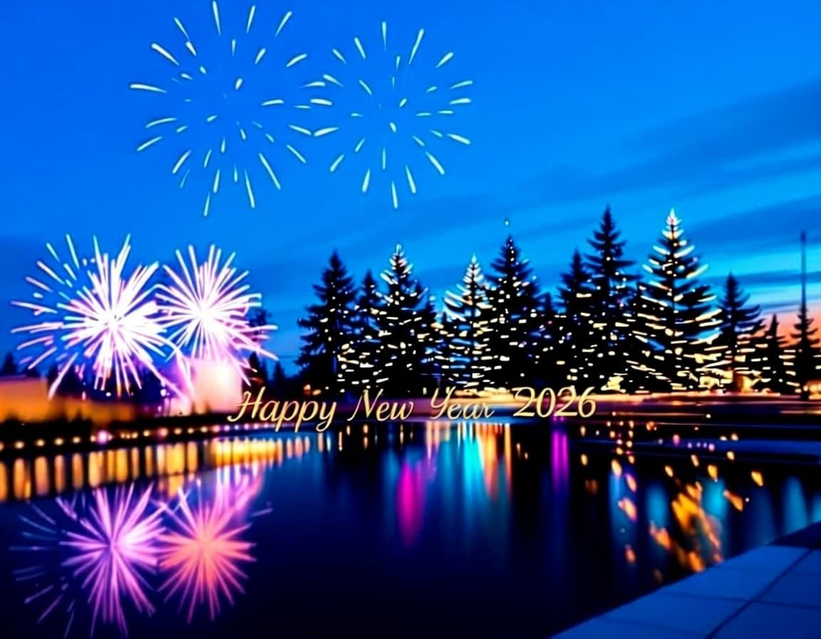 Happy New Year 2026 Golden Cursive Text with Fireworks