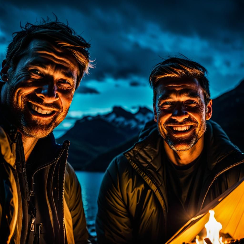 Campfire Smiles in Norway Fjord at Night