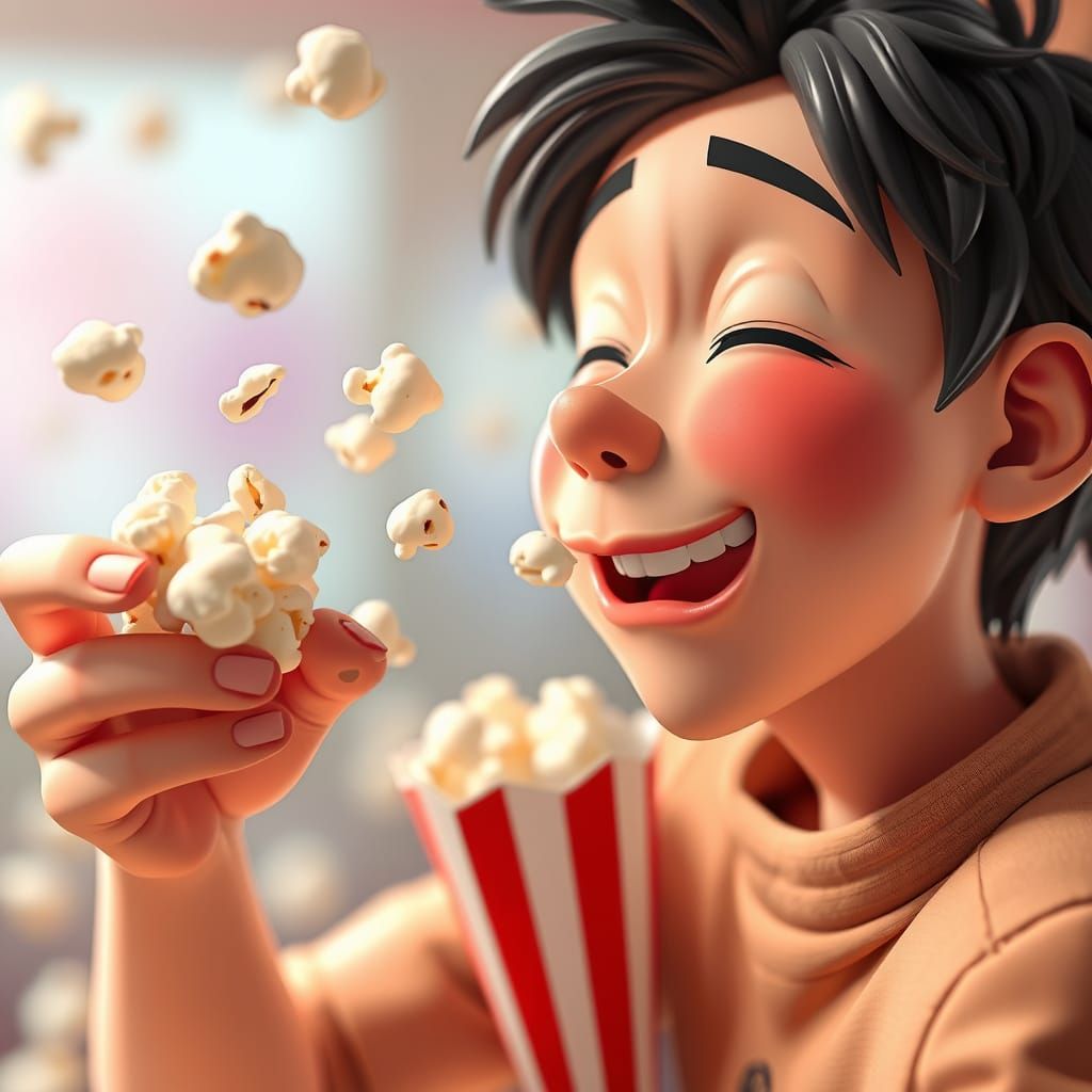 Joyful Popcorn Sprite in Vibrant 3D Anime Style