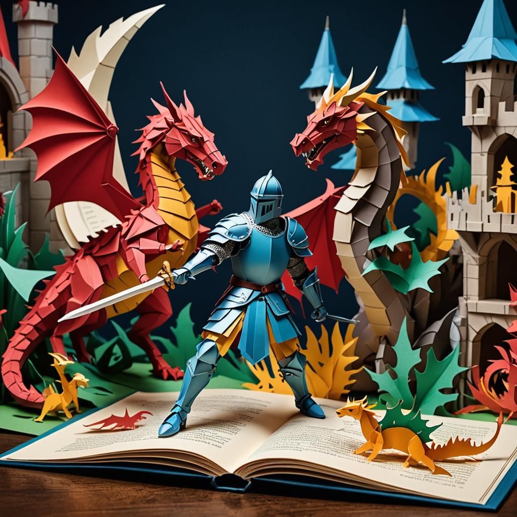 Knight and Dragon in Origami Pop-Up Book