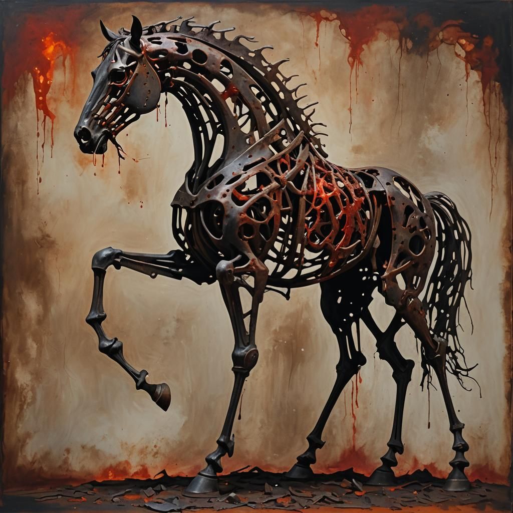 Art Style: Dark Romanticism, Expressionistic Subject Description: A skeletal figure of a horse crafted from rusty iron. ...