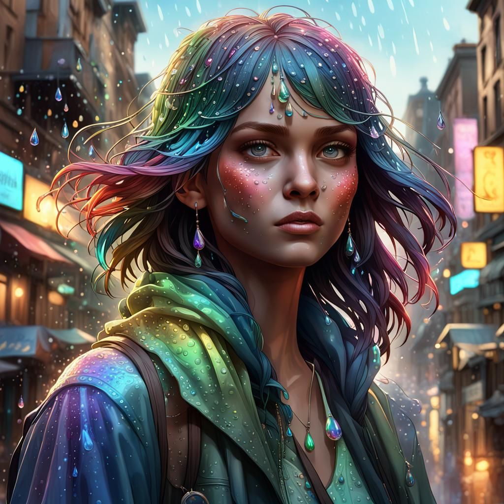 Colorful Dew Drops on Grayscale Street: Hyperdetailed Art
