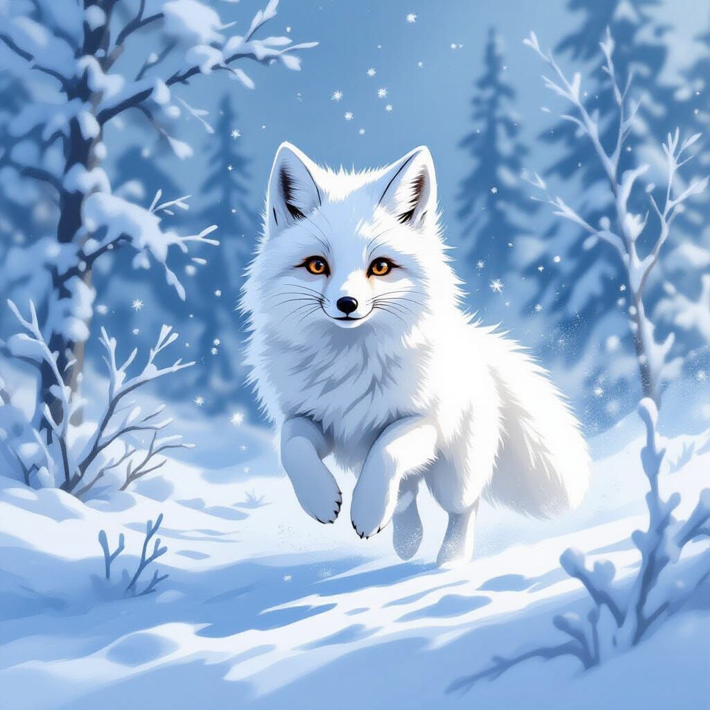 Arctic Fox Leaping in Winter Landscape