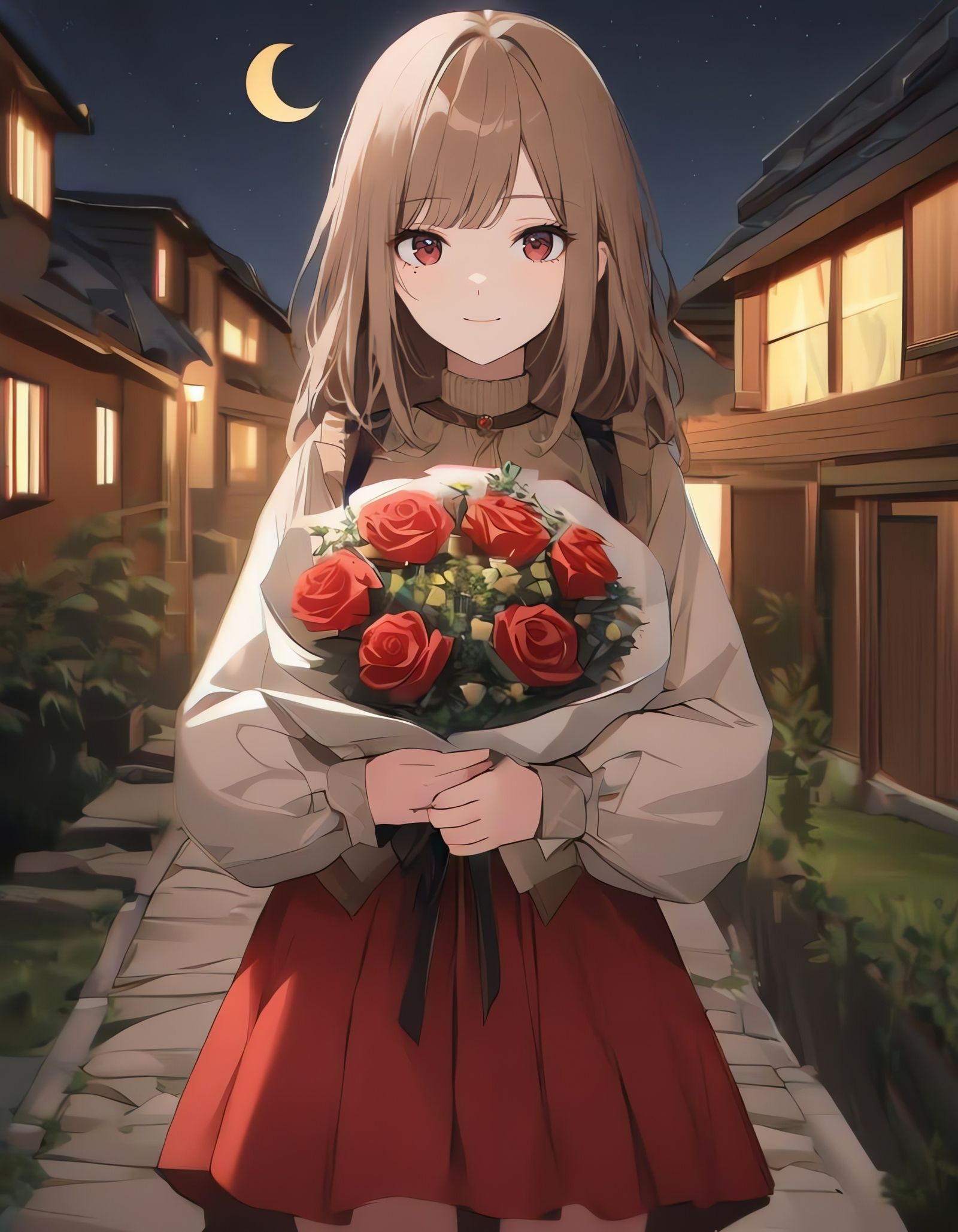 Girl in Red Dress with Roses at Night