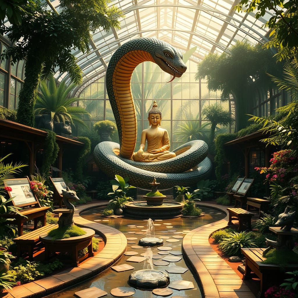 Golden Buddha Protected by Majestic Naga Serpent in Serene G...