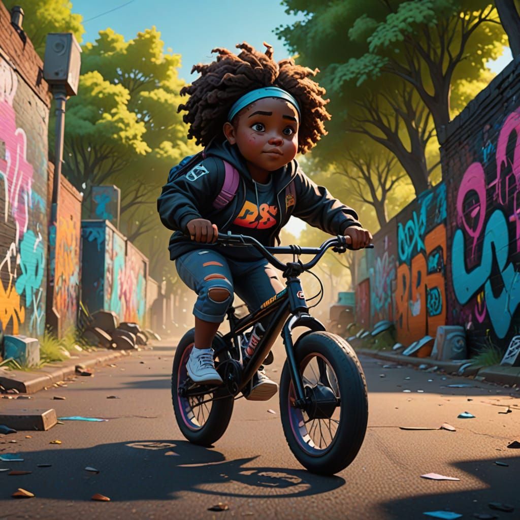 Vibrant Street Art Scene with a Young Girl on a Bike