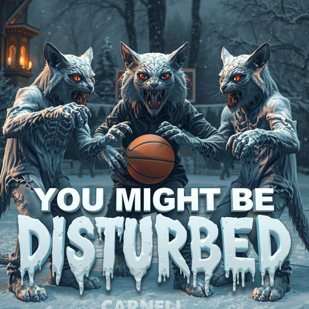 Three demon zombie ghost cats playing basketball with text that says "you might be disturbed" in a dripping horizont. On...