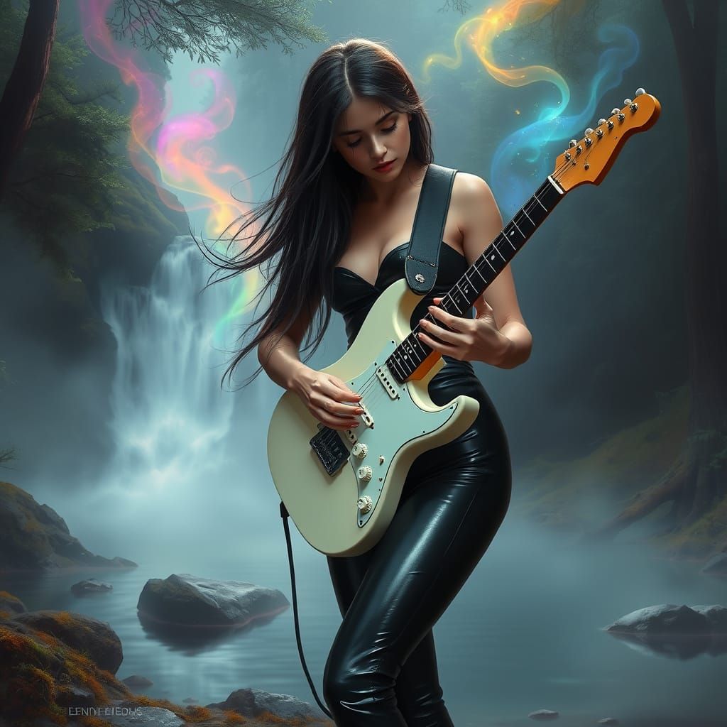 E-Guitarist in Misty Forest with Waterfall and Nebula
