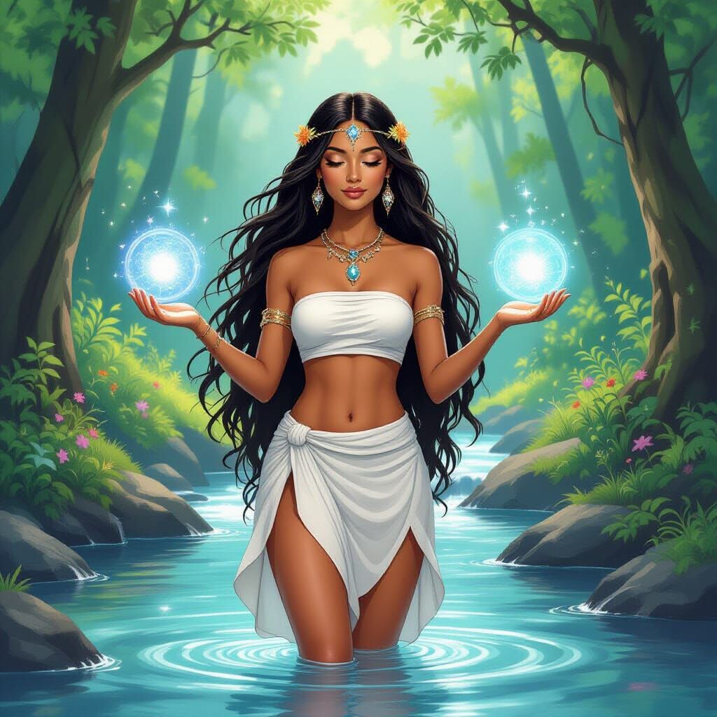 Lemurian Priestess Healing Earth in Ethereal Forest