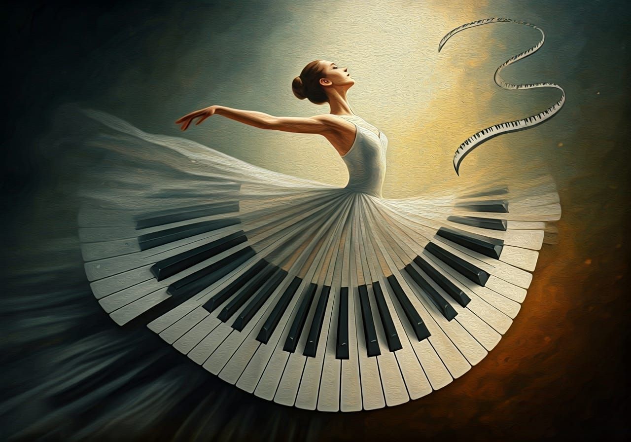 Surreal Dancer Oil Painting with Flowing Piano Keys