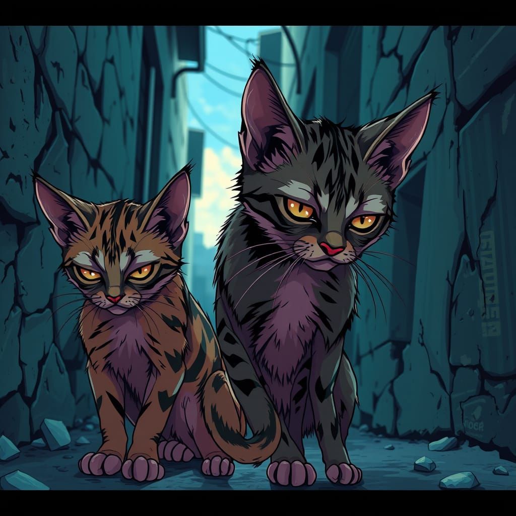 Emaciated Stray Cats in Desolate Alleyway Anime Art