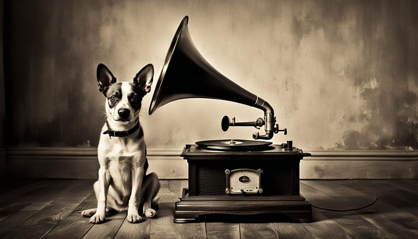 Sepia Portrait of Dog Listening to Gramophone