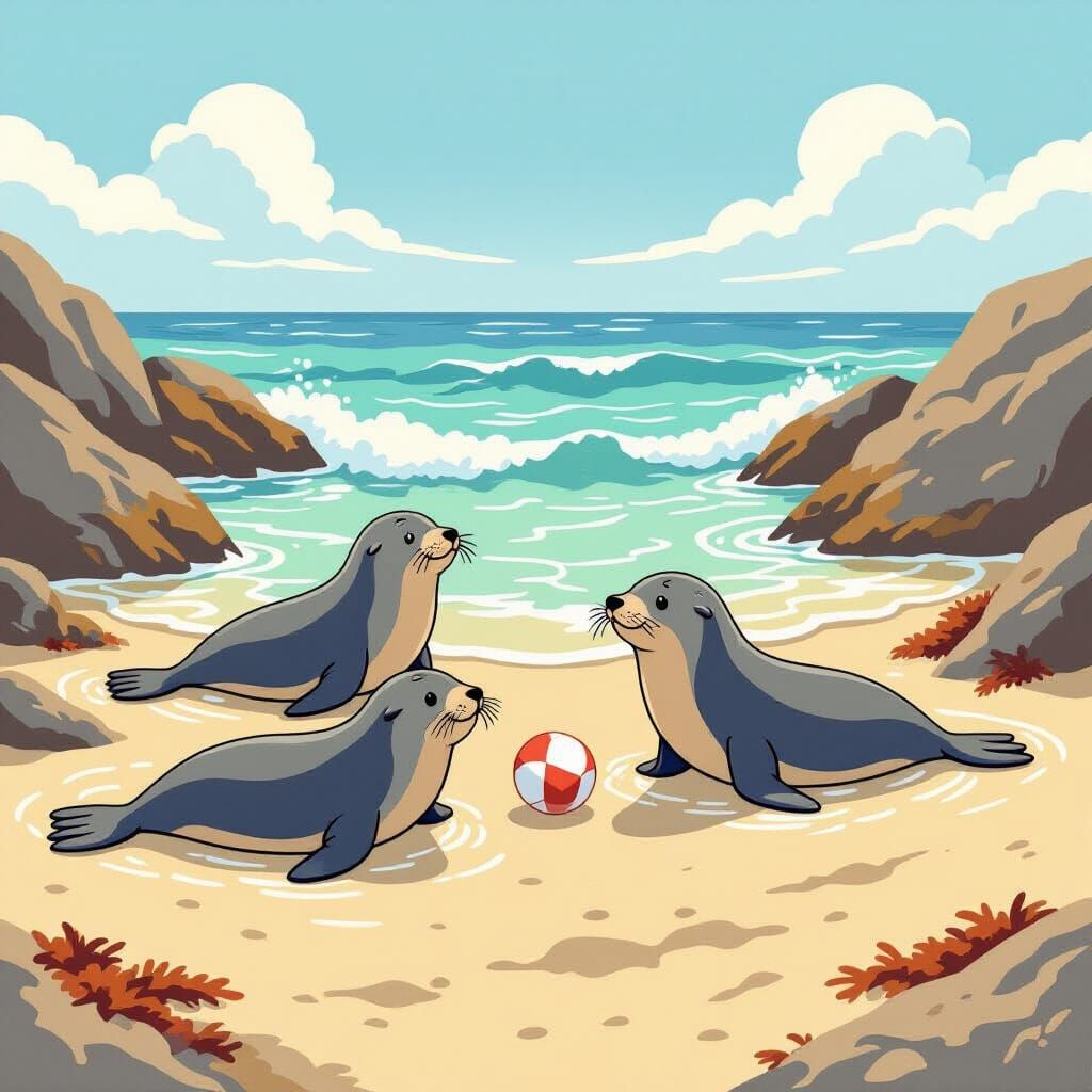 Seals Playing on Sandy Shores in Cartoon Style