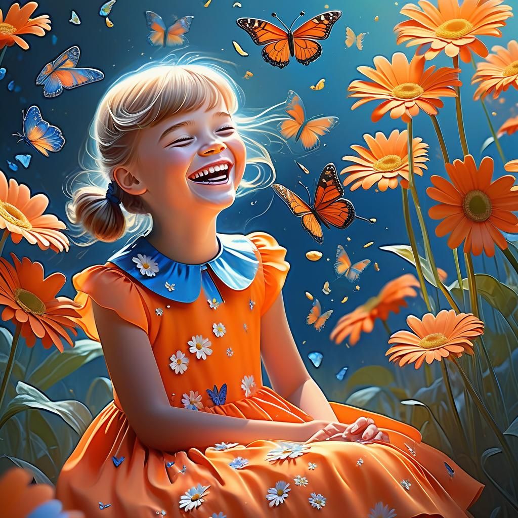 Whimsical Girl with Butterflies and Daisy, Watercolor Style