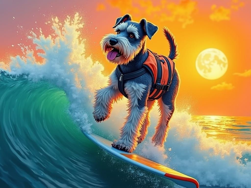 Schnauzer Dog Surfing Ocean Waves in Anime Style