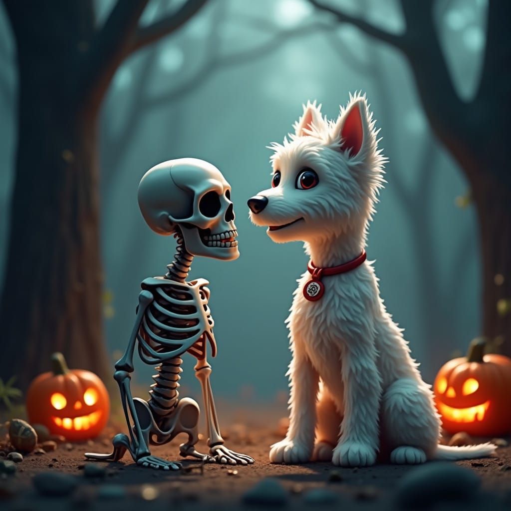 3D pixar, the Skeleton and West Highland White Terrier, look...