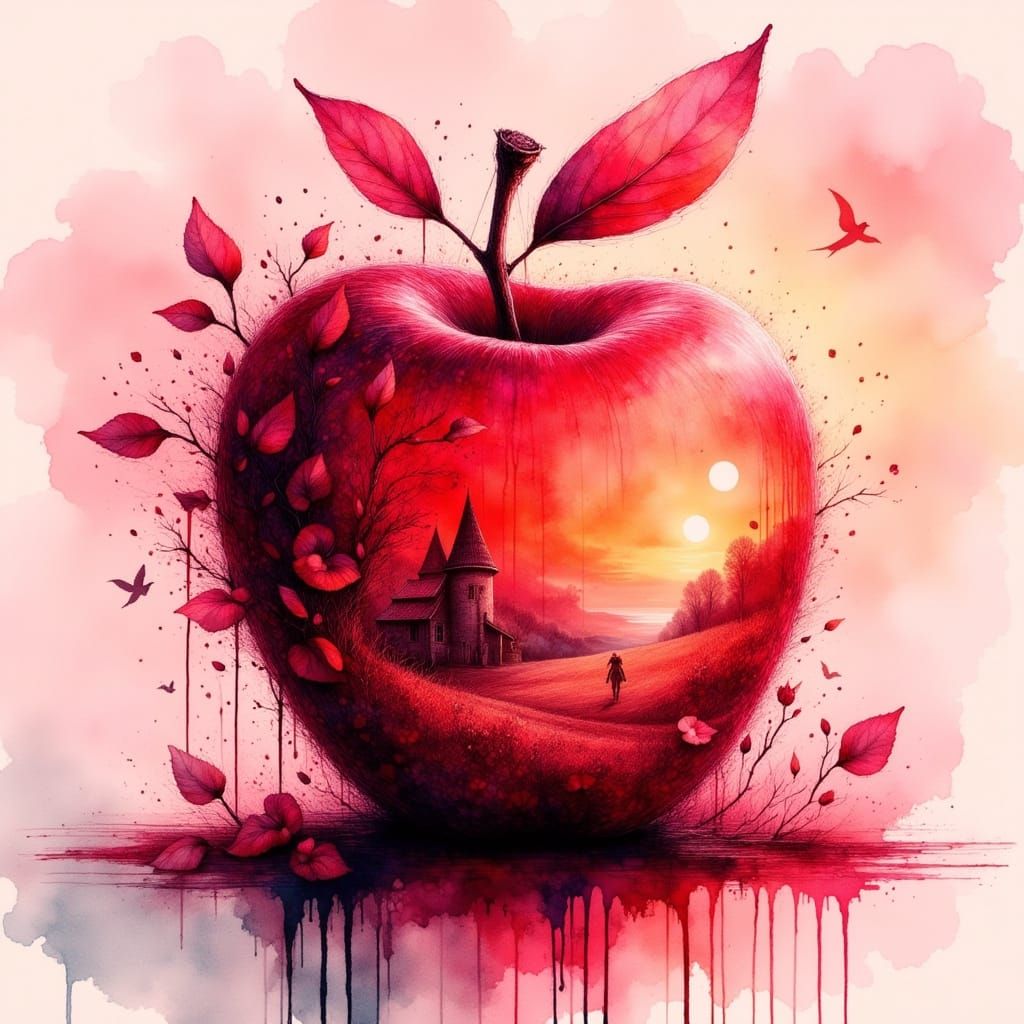 Vibrant Apple Silhouette in Dreamy Landscape